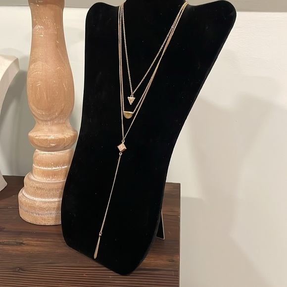 Gold tone triple strand rhinestone stone accent lariat necklace - Picture 4 of 8